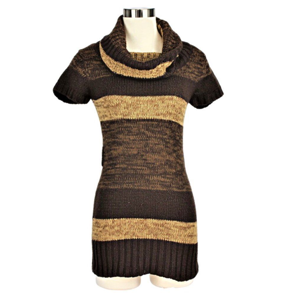 Yoki Cowl Neck Tunic-Length Sweater  Short Sleeve Striped Browns Womens Size Med
